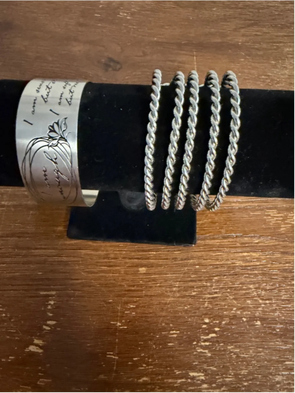 Silver Tone Bracelet Set 2pc Twisted Cuff Stack Engraved Quote Boho Chic